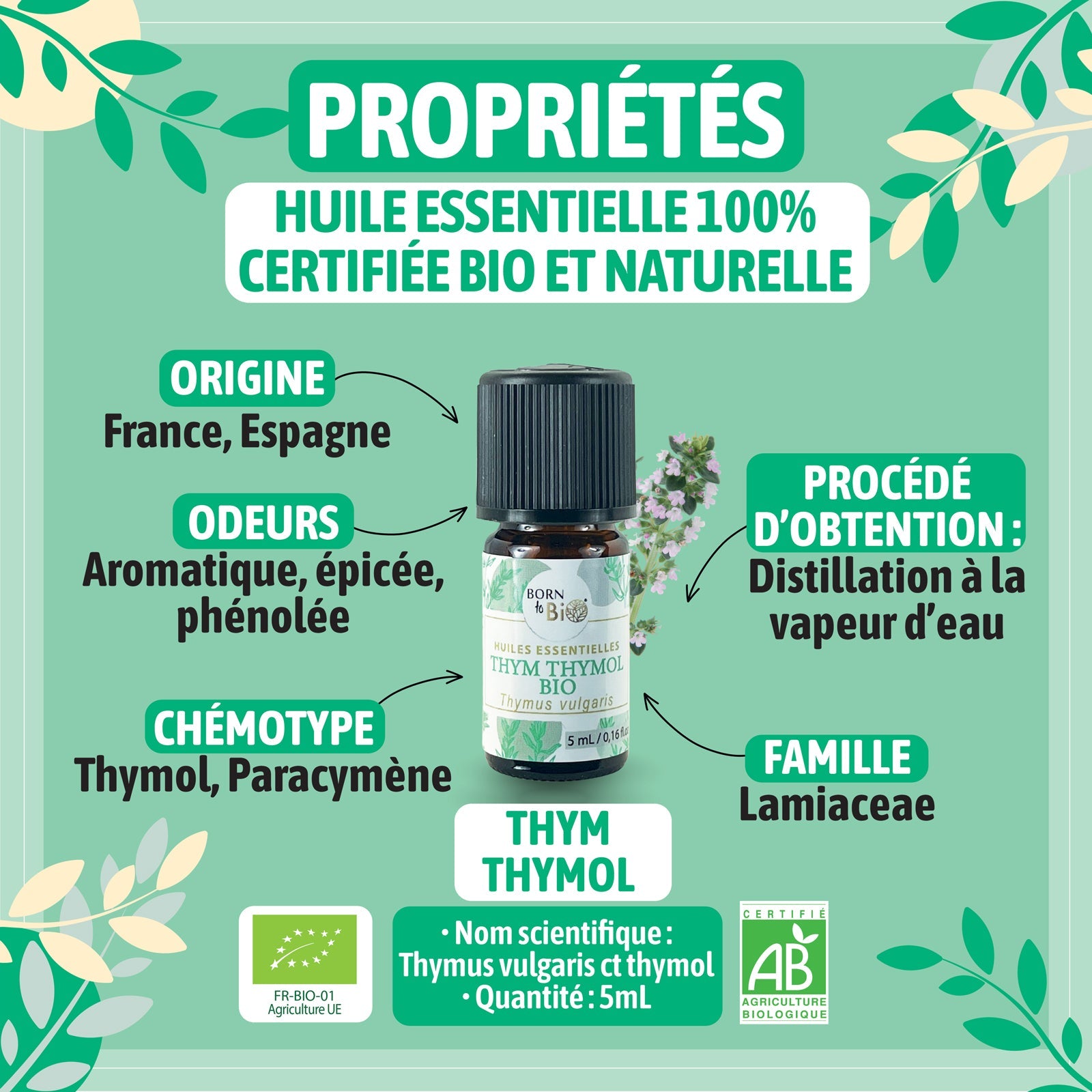 Huile essentielle Thym thymol Certifiée Bio